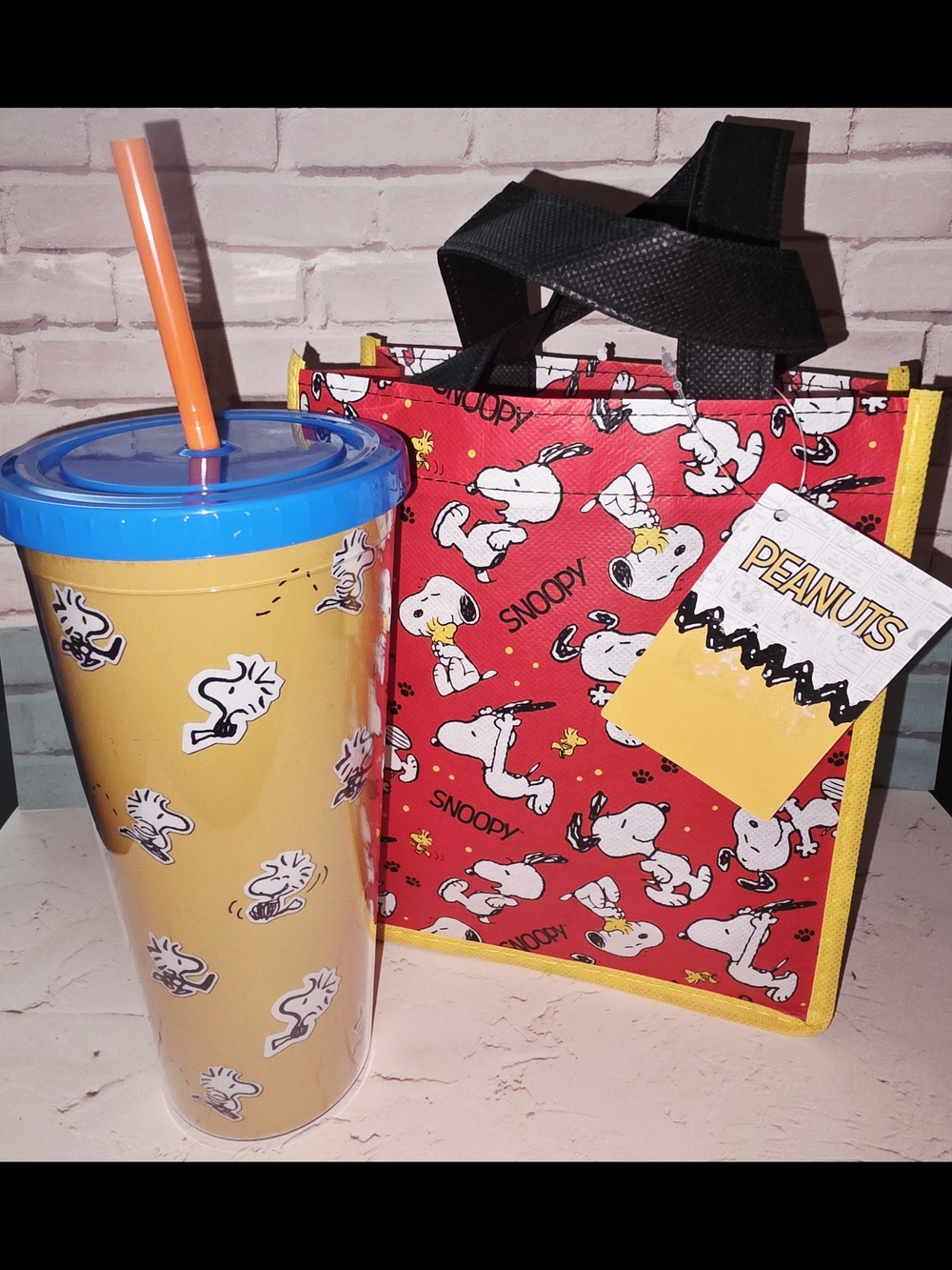 Peanuts Snoopy Red Reuseable Gift Bag & Woodstock Yellow & Blue Tumbler Gift Set